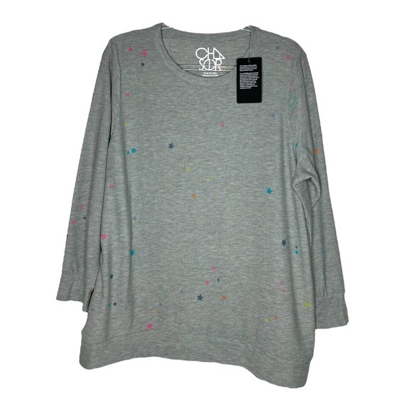 Chaser Womens Star Print Pullover Sweater Plus Size 1X Gray Crew Neck NWT - Picture 1 of 5